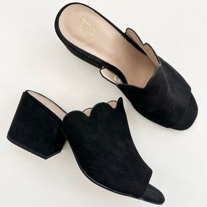 H&M | FAUX SUEDE SCALLOPED MULES SANDALS CHUNKY BLOCK HEELS